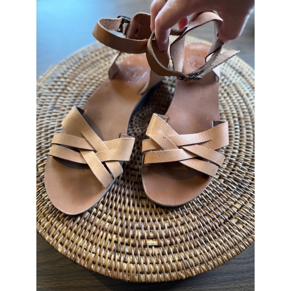 Jerusalem Sandals Womens Tan Leather Ankle Strap Flat Sandals Size 39 Hand Made